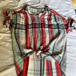 Plaid shortsleeved button down, blue, red, and white